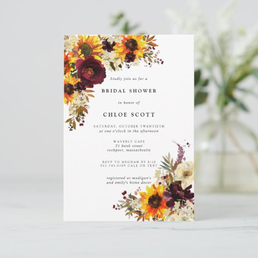 Herfst Bloemen Zonnebloem Roos Bruidsdiner Uitnodi Kaart (Staand voorkant)