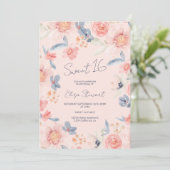 Herfst bloemenboho roze blauw waterverf Sweet 16 Kaart (Staand voorkant)