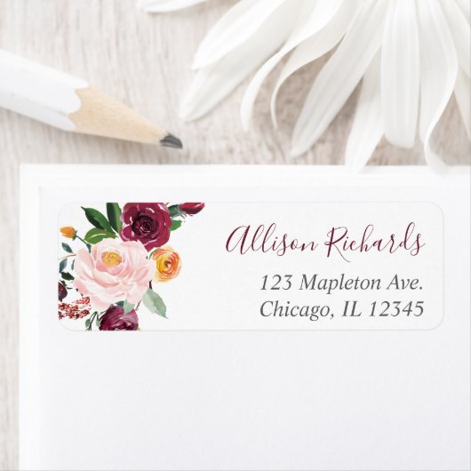 Herfst bloemenbordeaux blos roze groen etiket (Insitu)