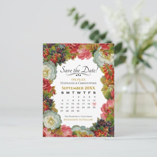 Herfst Bloemenbruiloft Save the Date Calendar Briefkaart (Staand voorkant)
