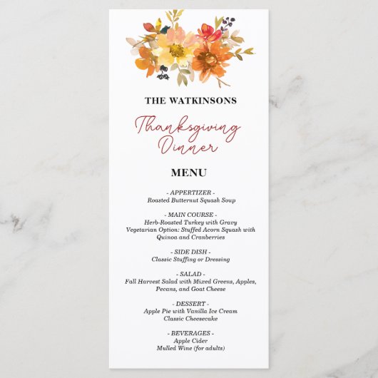 herfst bloemenmenu Thanksgiving Menu (Voorkant)