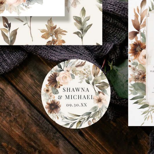 Herfst bloemenperzik terracotta Waterverf bruiloft Ronde Sticker