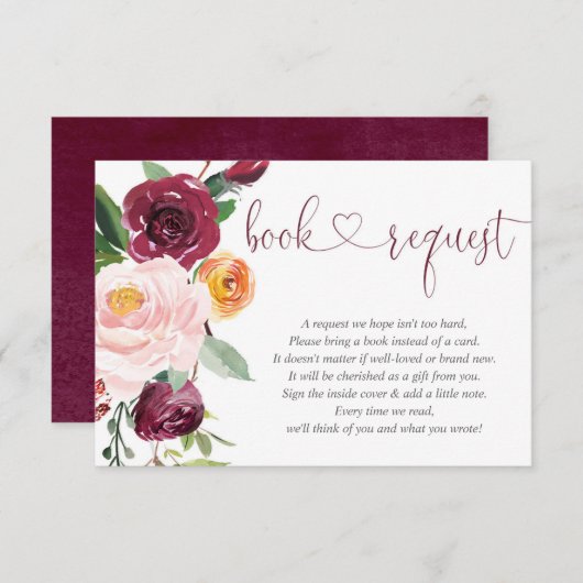 Herfst bloemenroze bordeauxrood baby shower Boekaa Informatiekaartje (Voorkant / Achterkant)