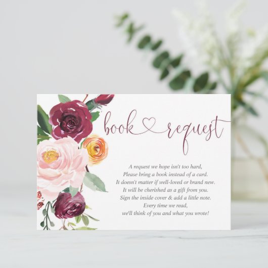 Herfst bloemenroze bordeauxrood baby shower Boekaa Informatiekaartje (Staand voorkant)