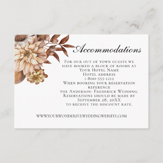 Herfst Bloemige Bladeren Bruiloft Accommodaties Informatiekaartje (Voorkant)