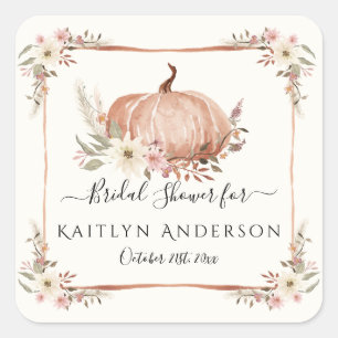 Herfst Bloemige Botanische Pompoen Roze Bruidsdine Vierkante Sticker