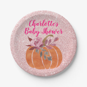 Herfst Bloemige Pompoen Baby Shower Roze Goud Papieren Bordje
