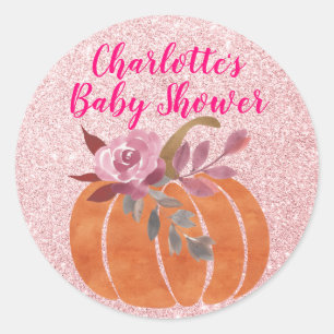 Herfst Bloemige Pompoen Baby Shower Roze Goud Ronde Sticker