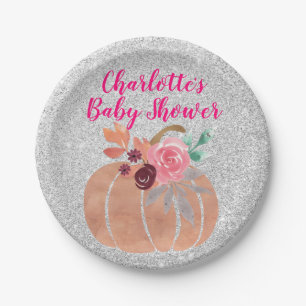 Herfst Bloemige Pompoen Baby Shower Roze Zilver Papieren Bordje