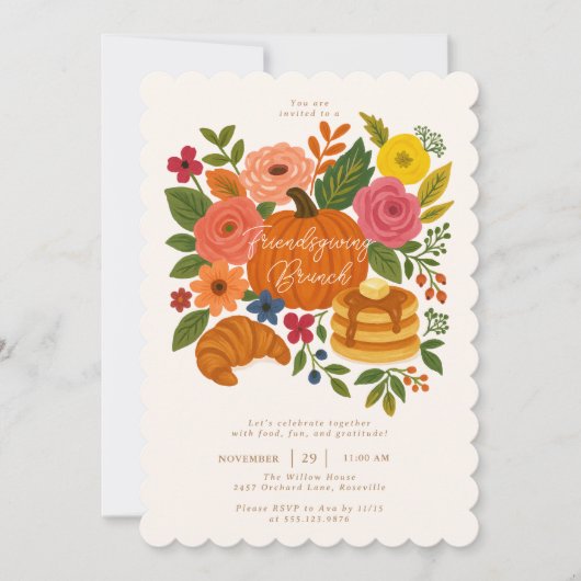 Herfst Bloemige Pompoen Friendsgiving Brunch Kaart (Voorkant)