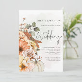 Herfst Bloemige Pompoen Script QR Code Bruiloft Kaart (Staand voorkant)