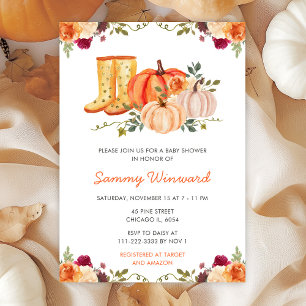 Herfst Bloemige Pompoenen Laarzen Baby Shower Kaart