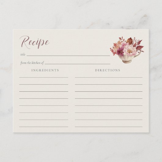 Herfst Bloemige Theekop Bruiloft Recept Kaart (Voorkant)