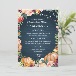 Herfst Bloemrijke Thanksgiving Diner Menu Kaart