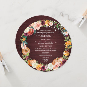 Herfst Bloemrijke Thanksgiving Dinner Cirkel Menu Kaart