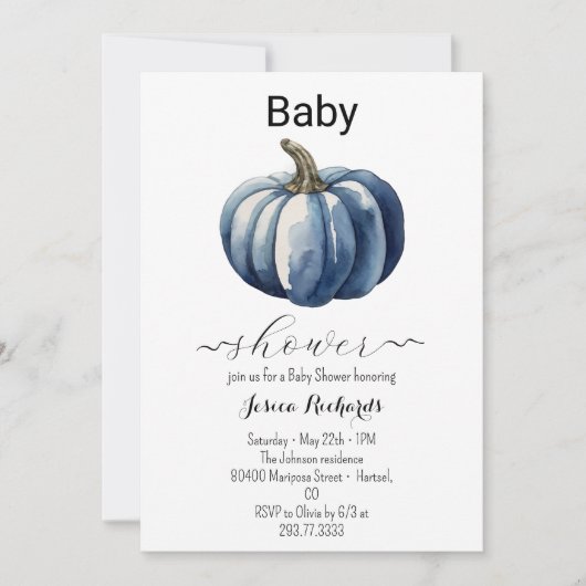 Herfst Blue Pumpkin Boy Baby shower Uitnodiging (Voorkant)