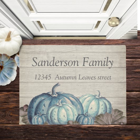 Herfst Blue Pumpkin Rustic Cute Gray Wood Deurmat
