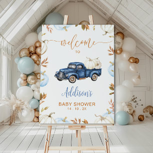 Herfst Blue Pumpkin Truck Baby shower Welkomstbord Foto Afdruk