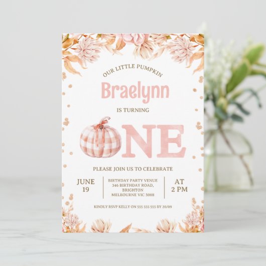 Herfst Blush Bloemige Rustieke Pompoen 1e Verjaard Kaart (Staand voorkant)