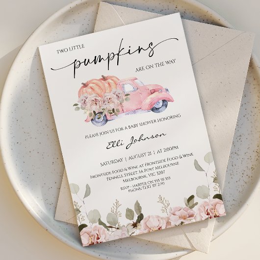 Herfst Blush Twin Vrouwelijke Pompoen Baby shower Kaart