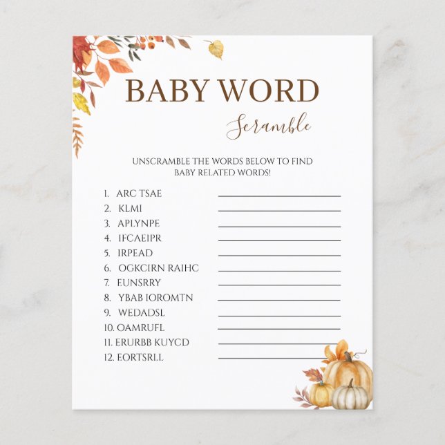 Herfst Boho Baby shower Word Scramble spel (Voorkant)