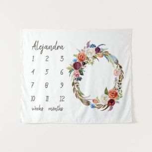 Herfst Boho Bloemen Monogram Baby Mijlpaal Foto Wandkleed