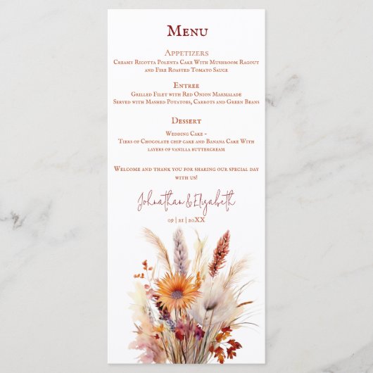 Herfst Boho bloemenbruiloft Menu (Voorkant)