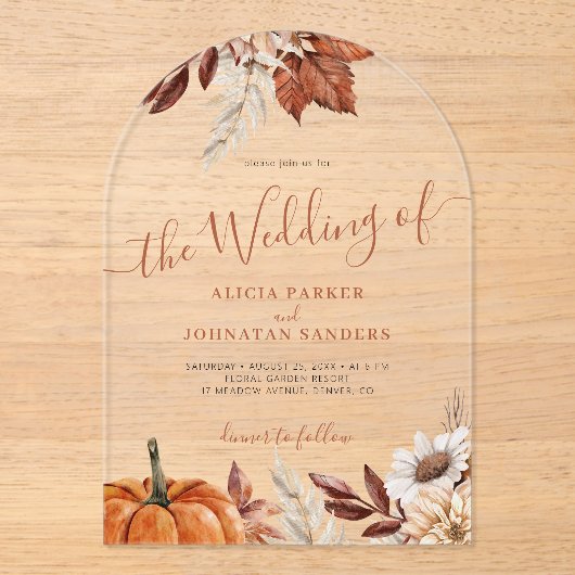 Herfst Boho Botanische bruiloft Acryl Uitnodigingen (Voorkant)