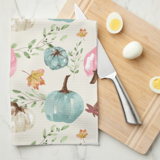 Herfst Boho Chic Waterverf Pompoen en bladeren Theedoek (Quarter Fold)