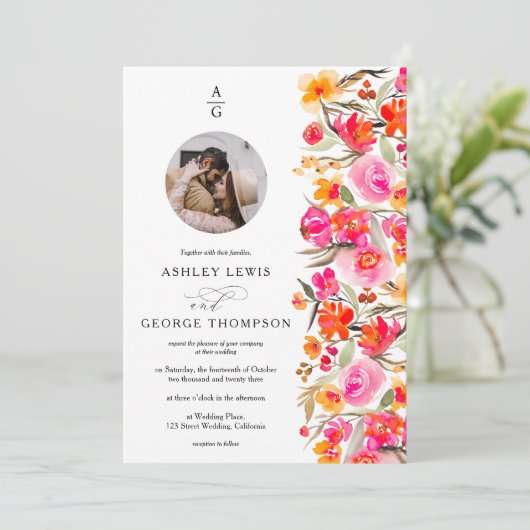 Herfst boho rood sinaasappel bloemenbruiloft initi kaart (Staand voorkant)