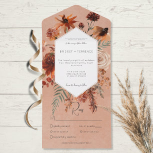 Herfst Boho Rust & Perzik Bloemen Lijst Diner All In One Uitnodiging