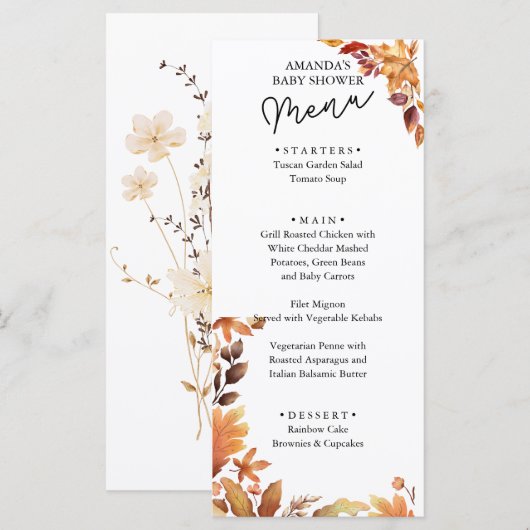 Herfst boho Rustic Baby shower Menu (Voorkant / Achterkant)