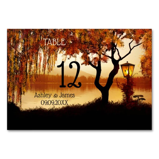 Herfst Boom Meer Uitzicht Trouwtafel Nummerkaart Kaart (Voorkant)
