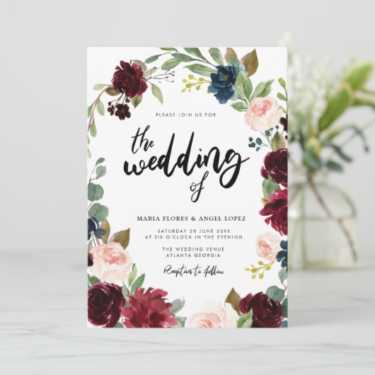 Herfst bordeauxrode bloemige trouw uitnodiging (Staand voorkant)