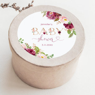 Herfst bordeauxrood bloemig baby shower ronde sticker