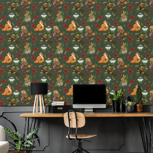 Herfst bos bosdieren groen patroon behang