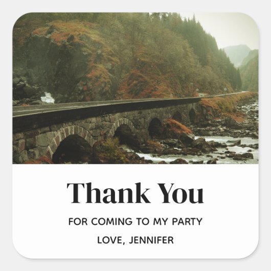Herfst Bos en River Landscape Party Dank u Vierkante Sticker (Voorkant)