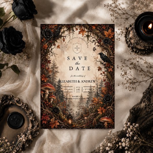 Herfst bos goth bruiloft save the date