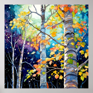 Herfst Bos Nacht Schilderij Poster