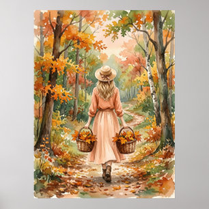 Herfst boswandeling herfst vrouw cottagecore natuu poster