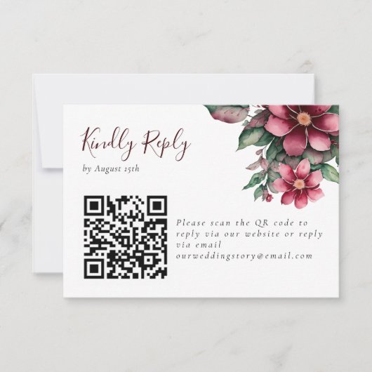 Herfst Bourgogne Bruiloft QR Code Bloemen RSVP Kaartje (Voorkant)