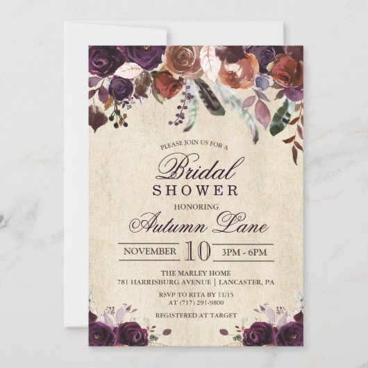 Herfst Bourgogne Donker Bloemen Bruidsdouche Uitno Kaart (Voorkant)