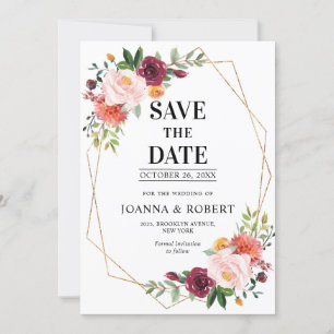 Herfst Bourgondië Blush Bloemige geometrische Trou Save The Date