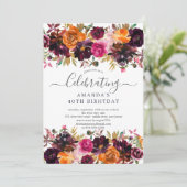 Herfst Bourgondië & Oranje Bloemen Verjaardagsfees Kaart (Staand voorkant)