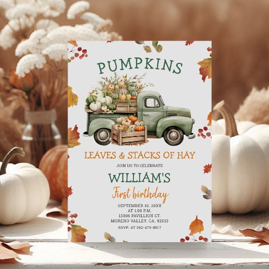 Herfst Boy Pumpkin Sage Green Truck Verjaardag Her Kaart