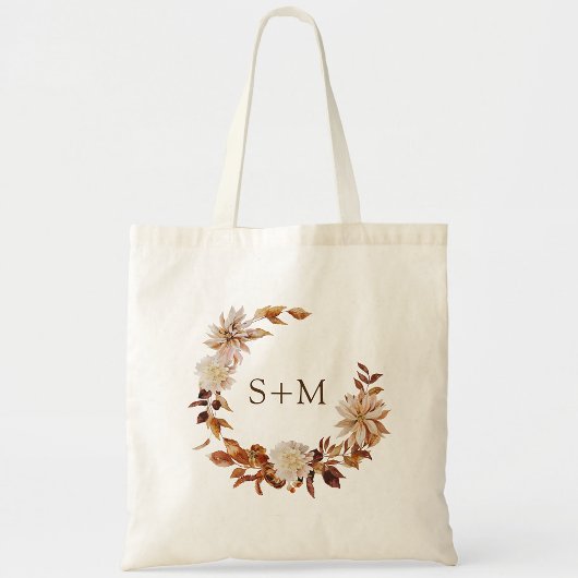 Herfst Bride Groom Monogram Wreath Wedding Tote Bag