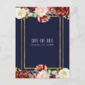 Herfst Bruiloft Blauw Goud Bloemen Marsala Opslaan Aankondigingskaart (Voorkant)