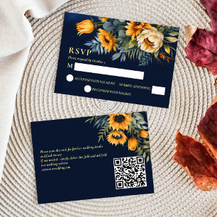 Herfst bruiloft marine blauw rustieke zonnebloem RSVP kaartje