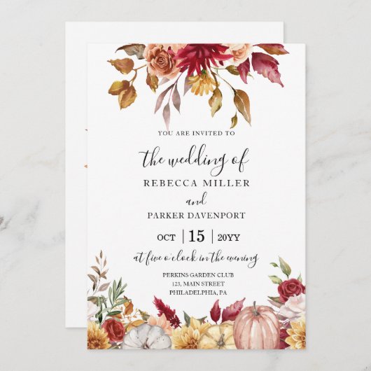 Herfst Bruiloft rustieke bloemen en pompoenen Kaart (Voorkant / Achterkant)