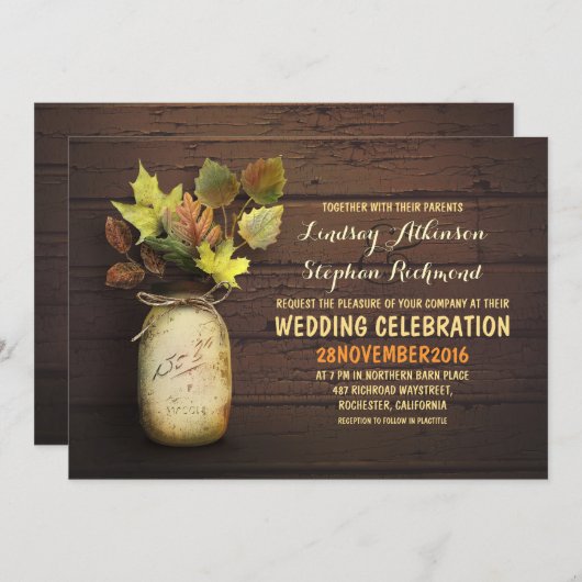 Herfst bruiloft & rustieke metselaar jar uitnodigi kaart (Voorkant / Achterkant)